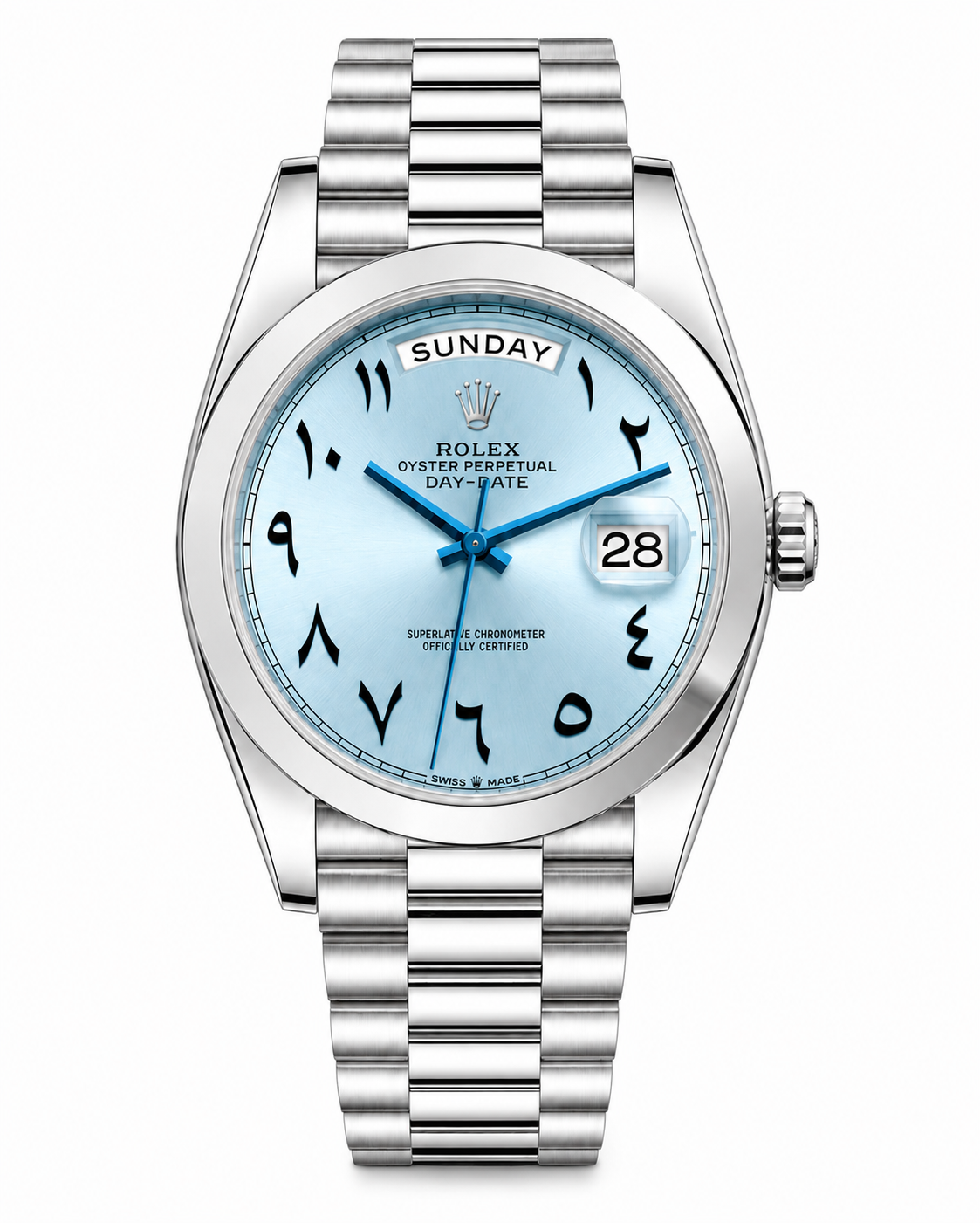 ROLEX DAY-DATE PLATINE | CADRAN BLEU | GLACIER A CHIFFRES ARABES