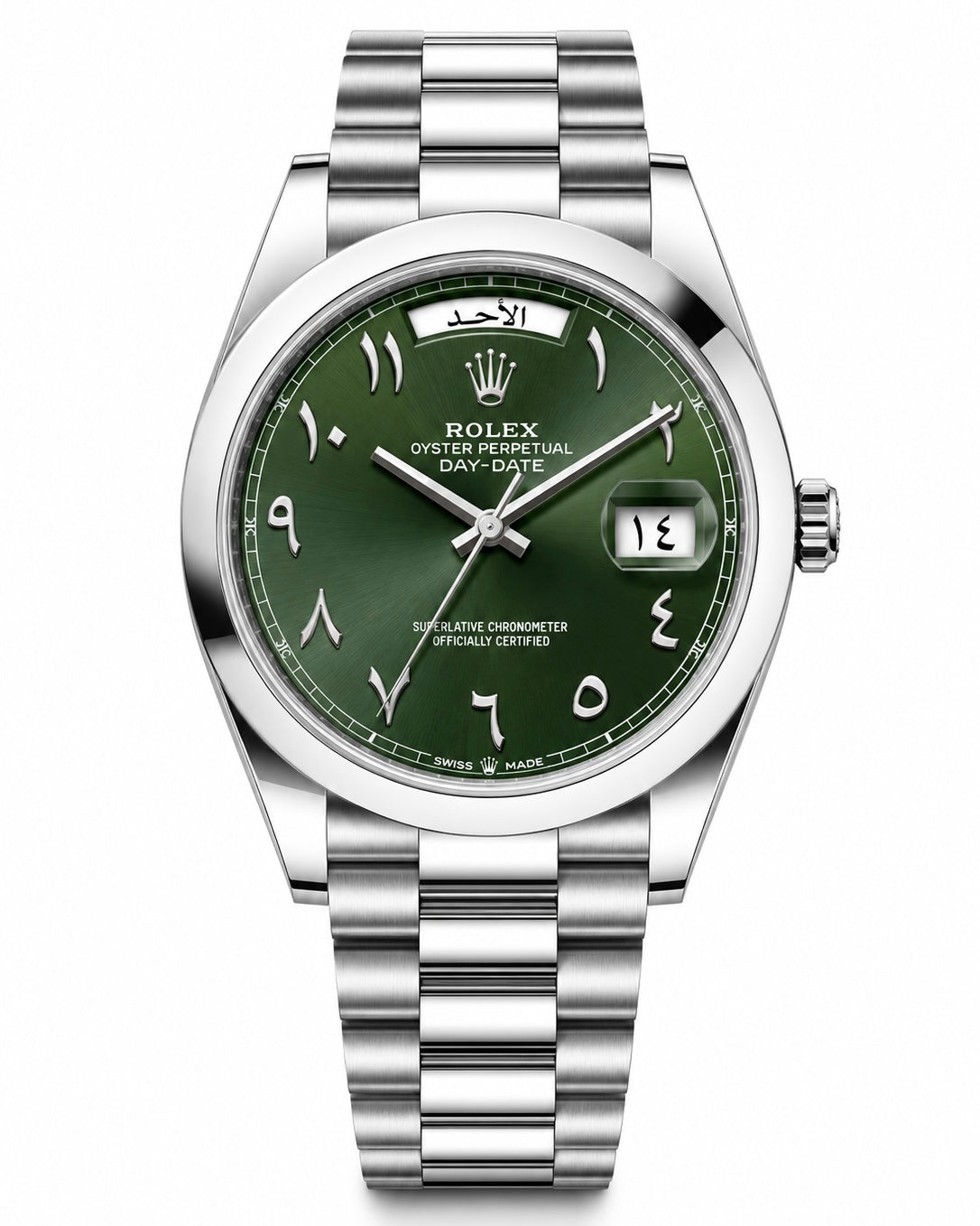 ROLEX DAY-DATE PLATINE | CADRAN VERT OLIVE | CHIFFRES ARABES
