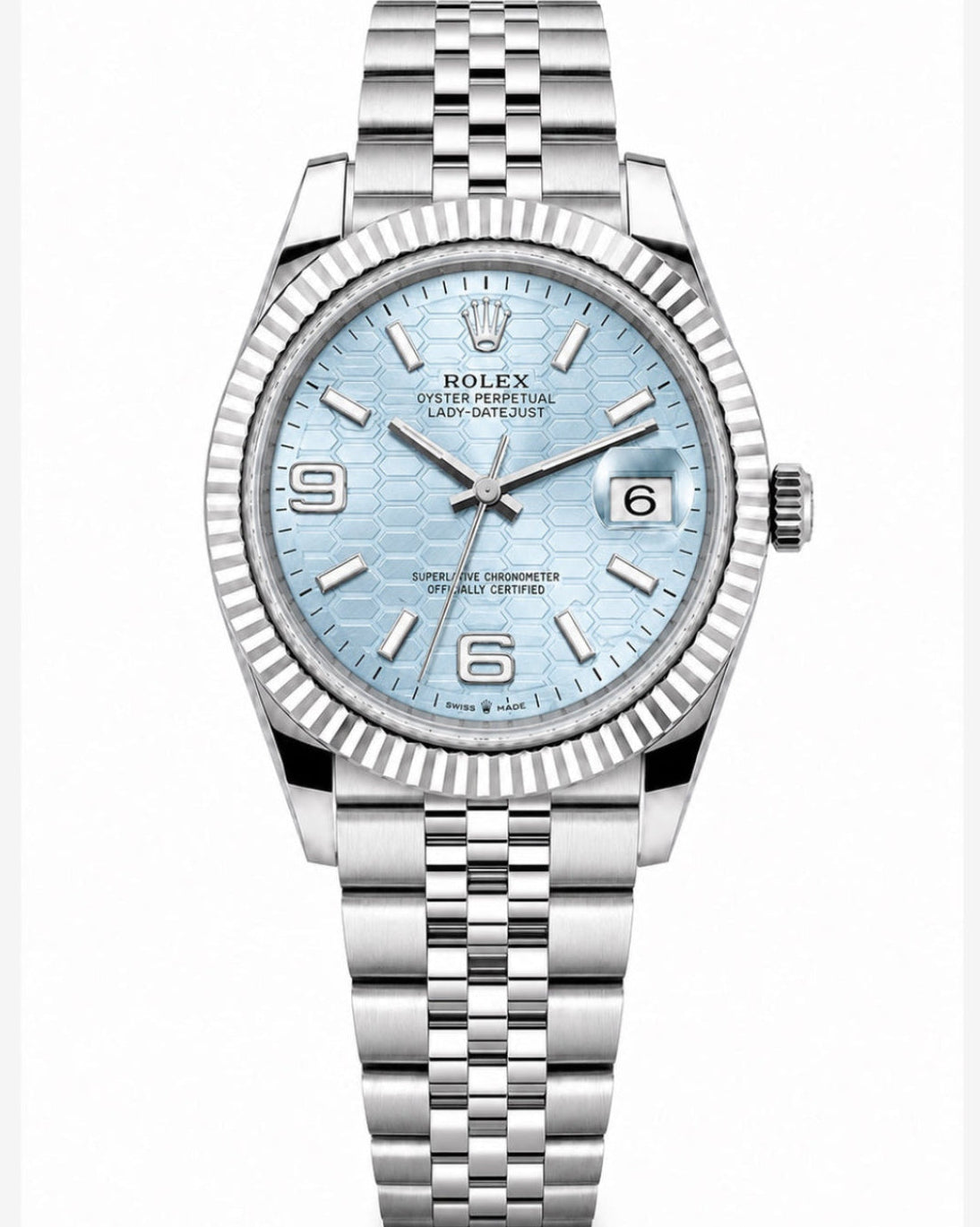 ROLEX LADY-DATEJUST | CADRAN NID D'ABEILLE BLEU GLACE | LUNETTE CANNELEE | BRACELET JUBILE